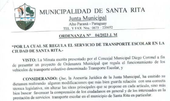 Ordenanza Nro. 04/2023 J.M. Referente a regulaciones al transporte escolar